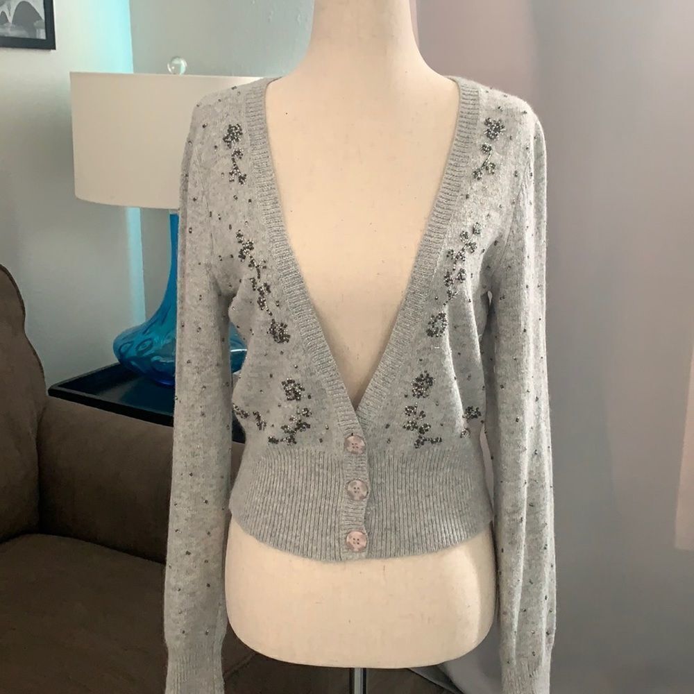 American Eagle Beautiful Beaded Angora Hair Cardigan sz med
